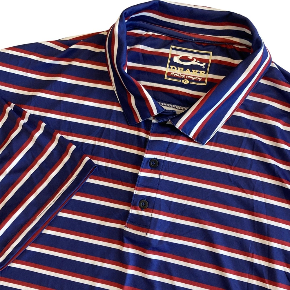 Drake Waterfowl Mens XL Navy Red White Striped Performance Polo Stretch Active